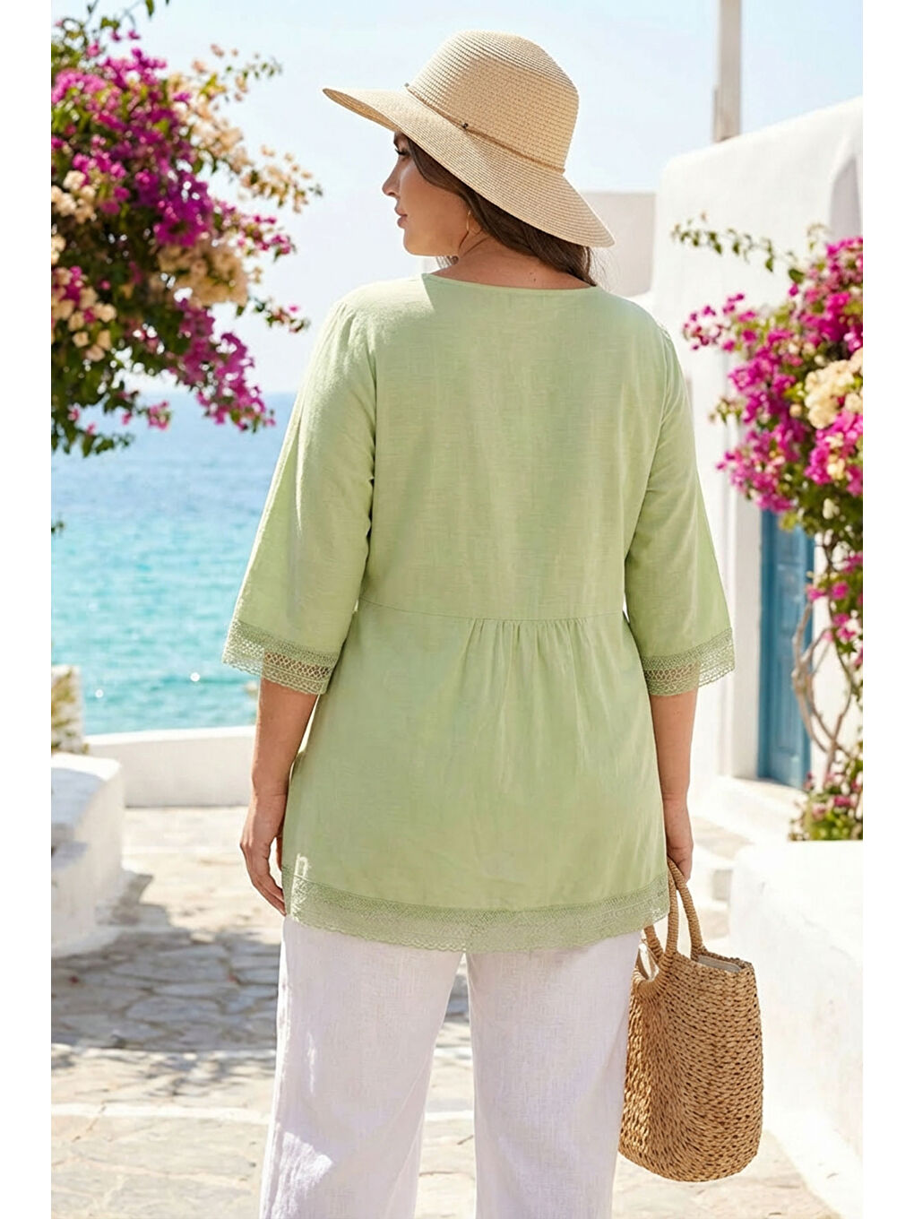 Yeşil Büyük Beden Yakası Bağlamalı Fakir Kol Dantelli Uzun T-shirt 10904116-4