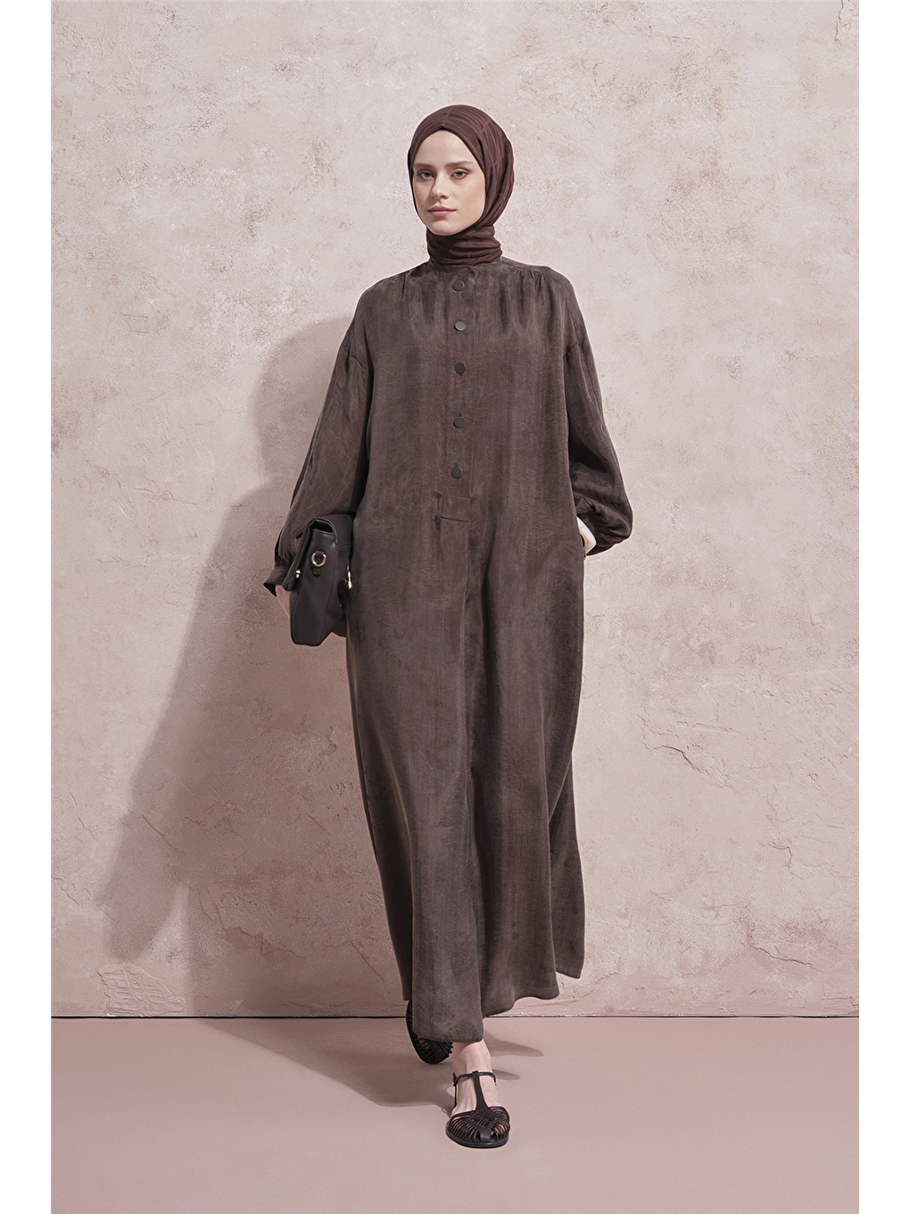 Kahverengi Oversize Kupra Elbise Kakao-2