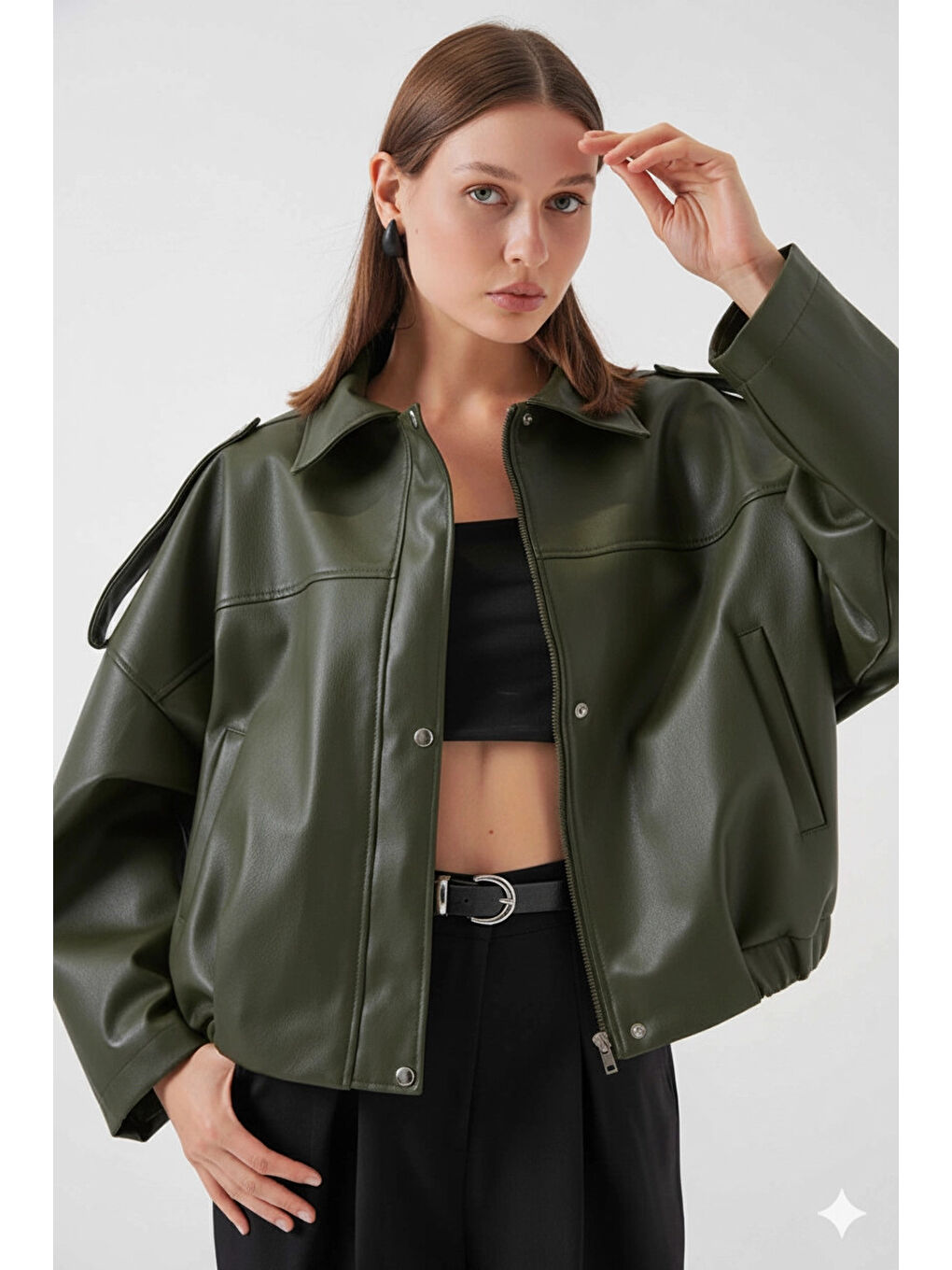 Kadın Haki Oversize Fermuarlı ve Düğmeli Yandan Cepli Suni Deri Ceket HZL25W-BD110551