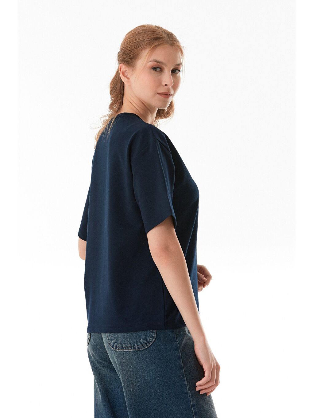 Lacivert Ayıcık Baskılı Oversize Tişört-2