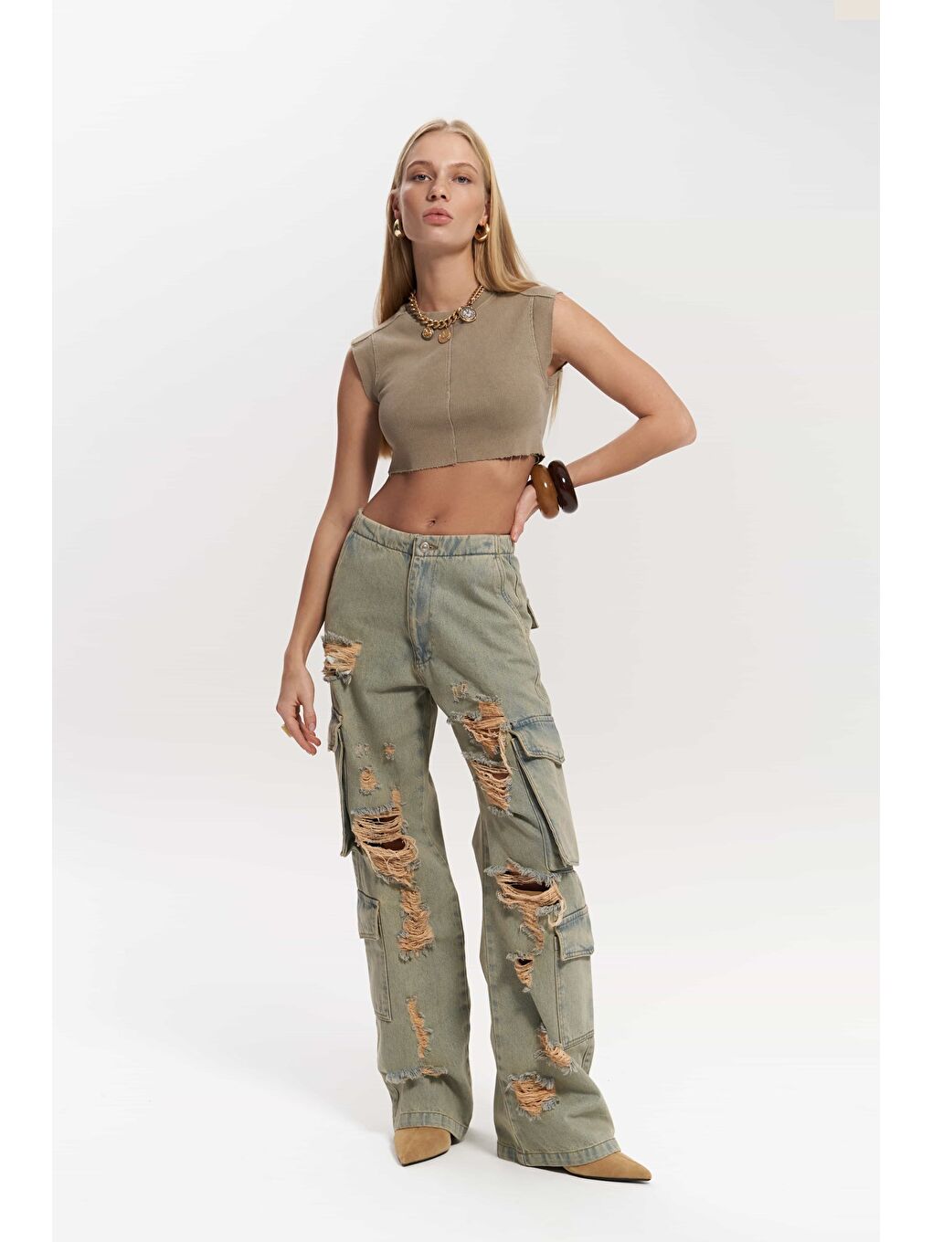 Dries Kirli Gri Yırtık Detay Kargo Jean Pantolon