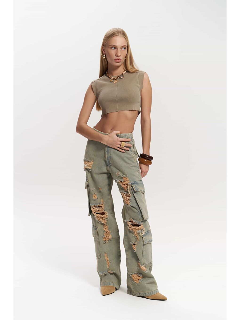 Dries Kirli Gri Yırtık Detay Kargo Jean Pantolon-1