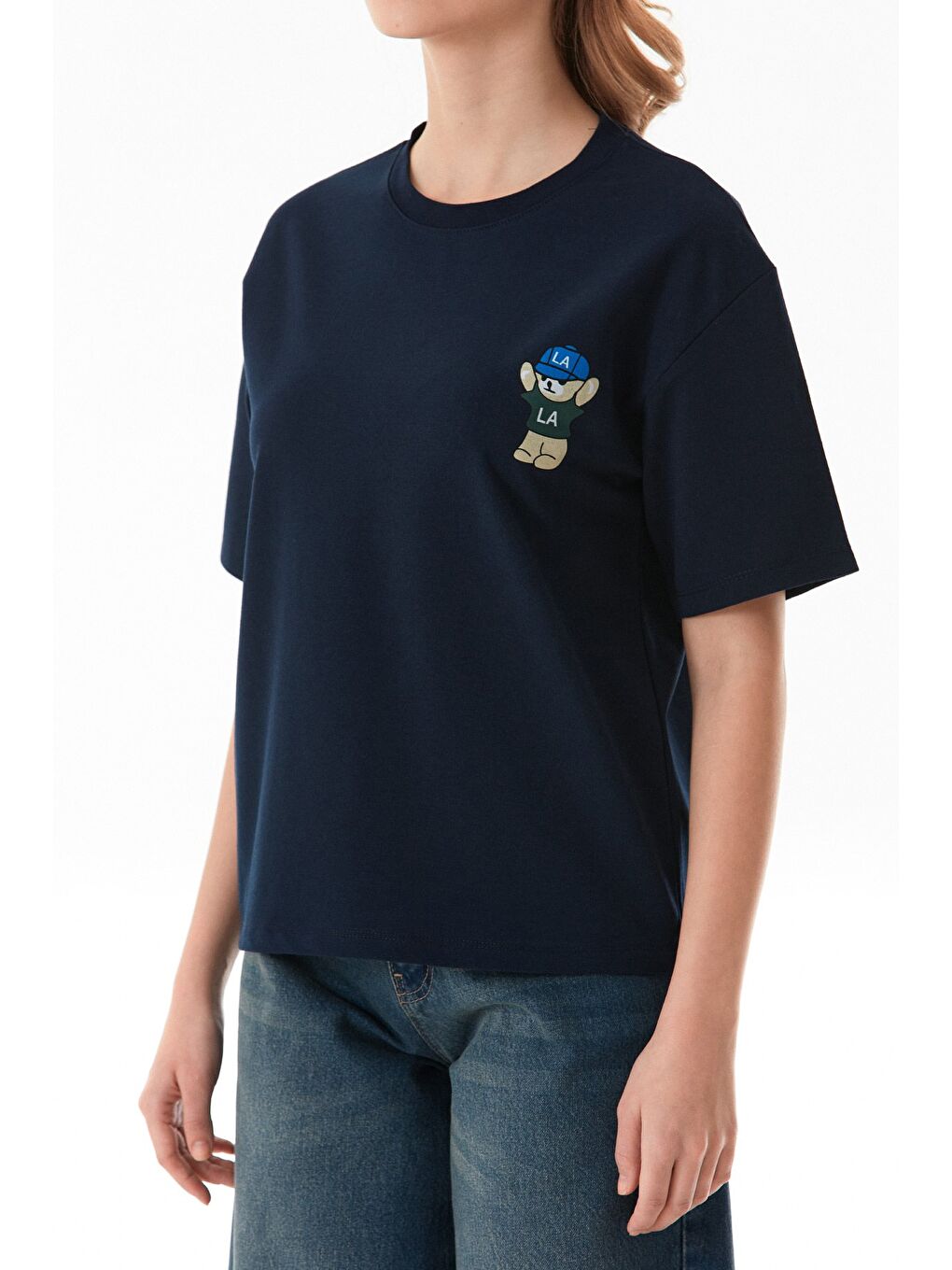 Lacivert Ayıcık Baskılı Oversize Tişört-4