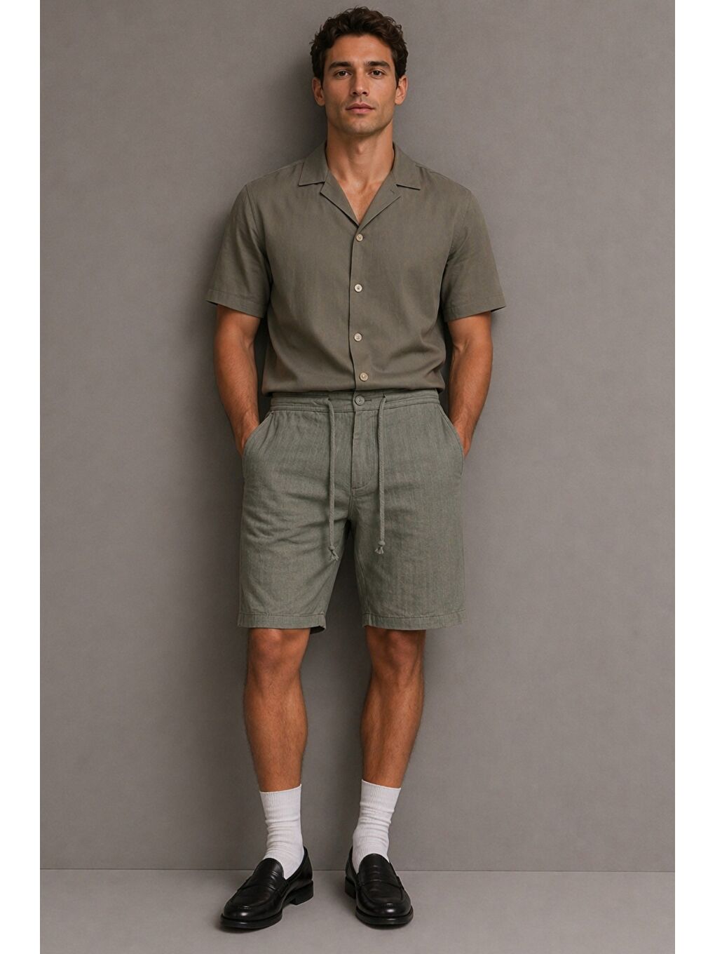 Haki Erkek %100 Pamuk Linen Şort Rahat Kesim Yazlık Şort-1