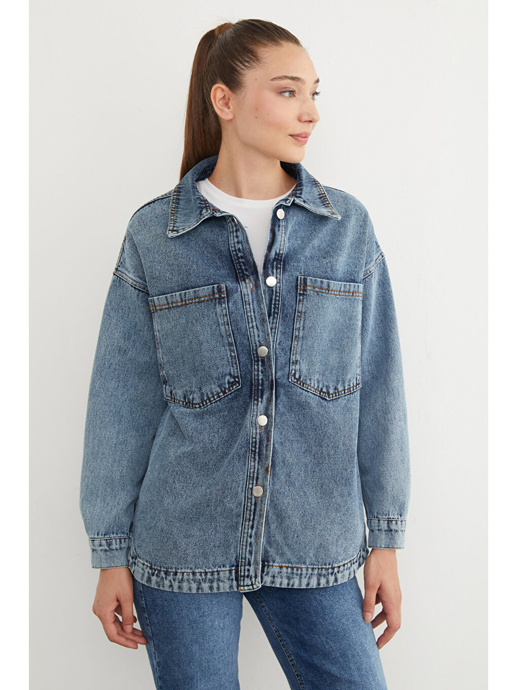 Mavi Çift Cepli Çıtçıtlı Oversize Jean Ceket-3