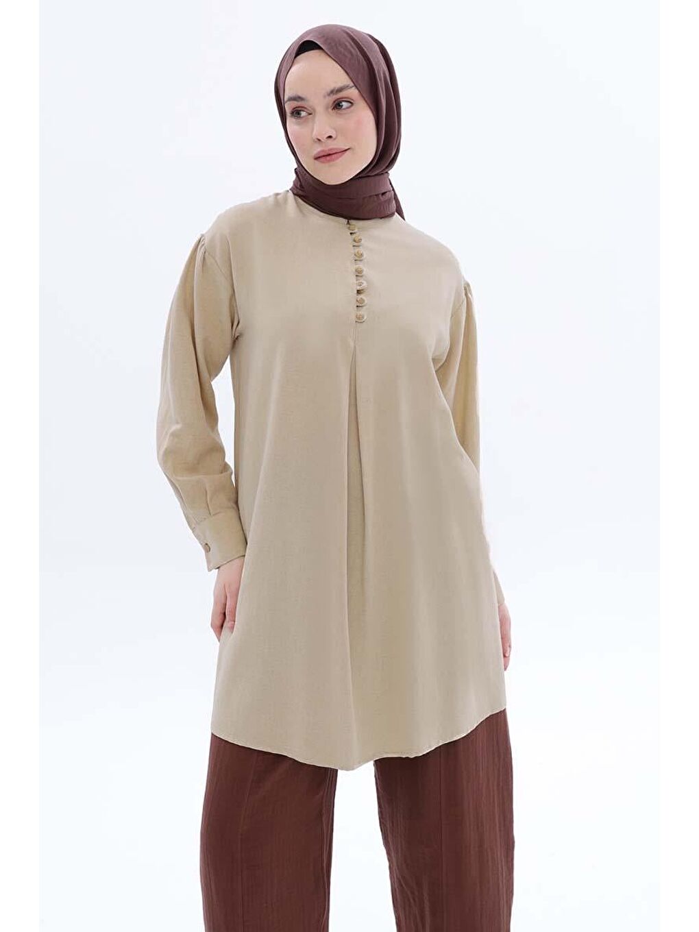 Bej-Hakim Yaka Biritli Keten Tunik