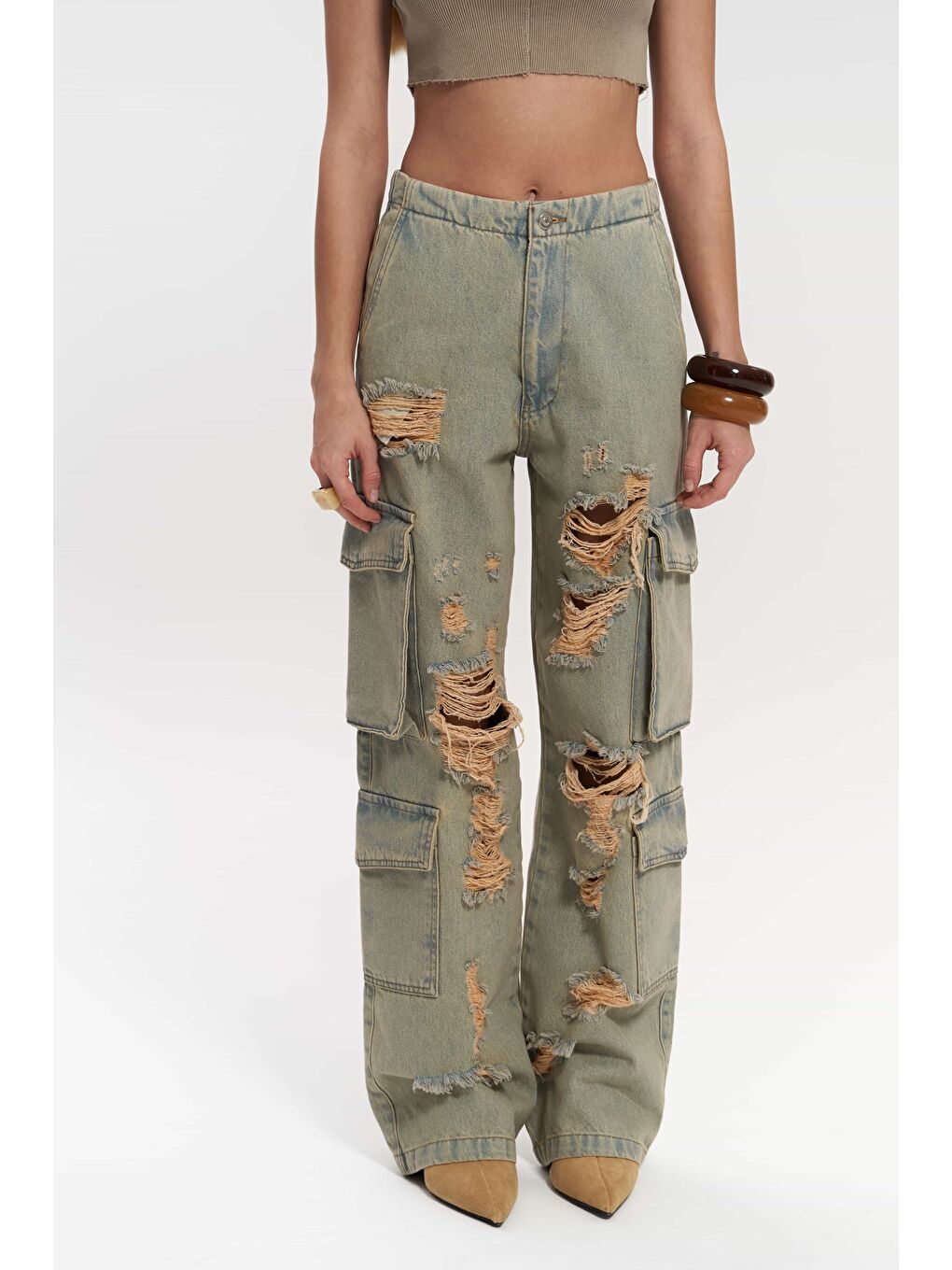 Dries Kirli Gri Yırtık Detay Kargo Jean Pantolon-3