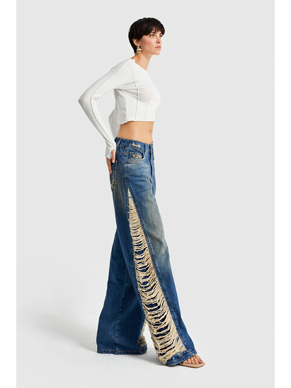 Mavi Kadın Tint Jean Rengi Yandan Lazer Detaylı Palazzo Fit Tasarım Denim