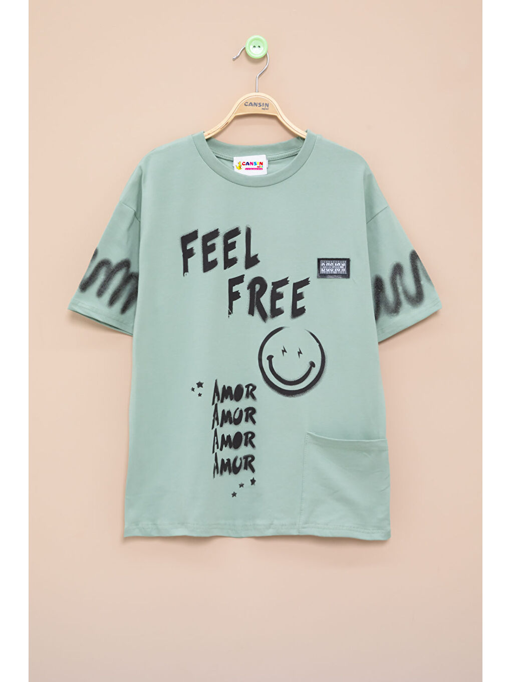 Yeşil Cep Detaylı Yazı Baskılı Erkek Çocuk Bisiklet Yaka Tişört 20905