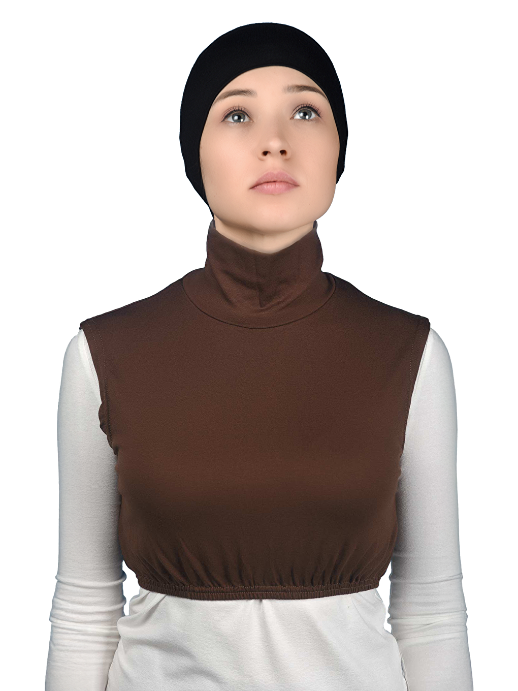 Kahverengi Sıfır Kol Balıkçı Yaka Tam Boğazlı Elastanlı Penye Kadın Yarım Body-1