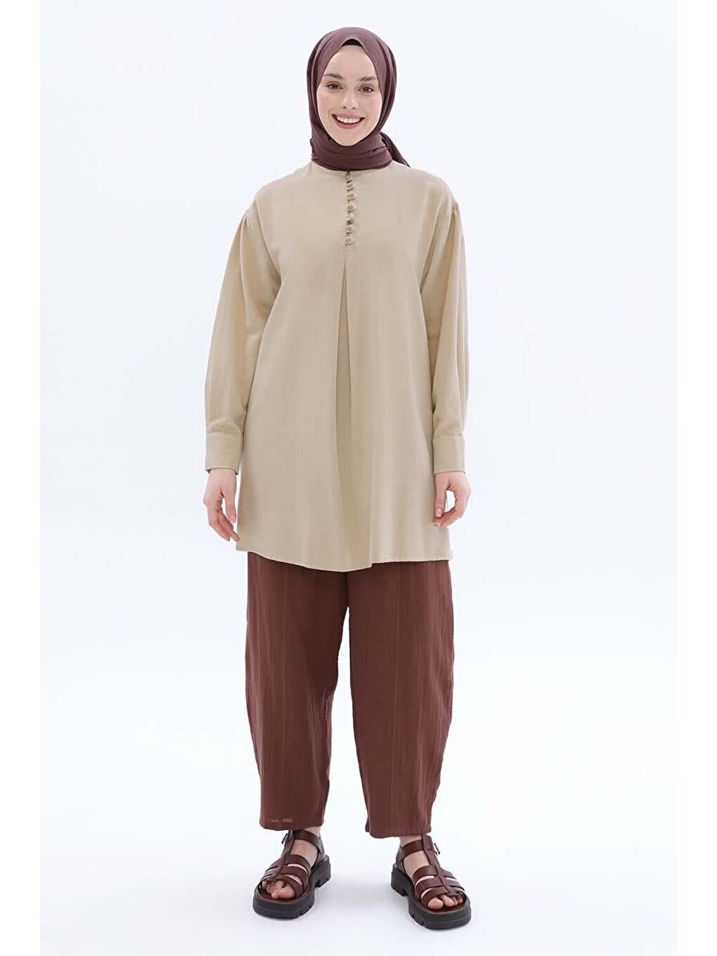 Bej-Hakim Yaka Biritli Keten Tunik-1