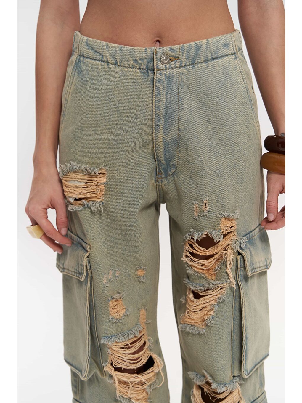 Dries Kirli Gri Yırtık Detay Kargo Jean Pantolon-5