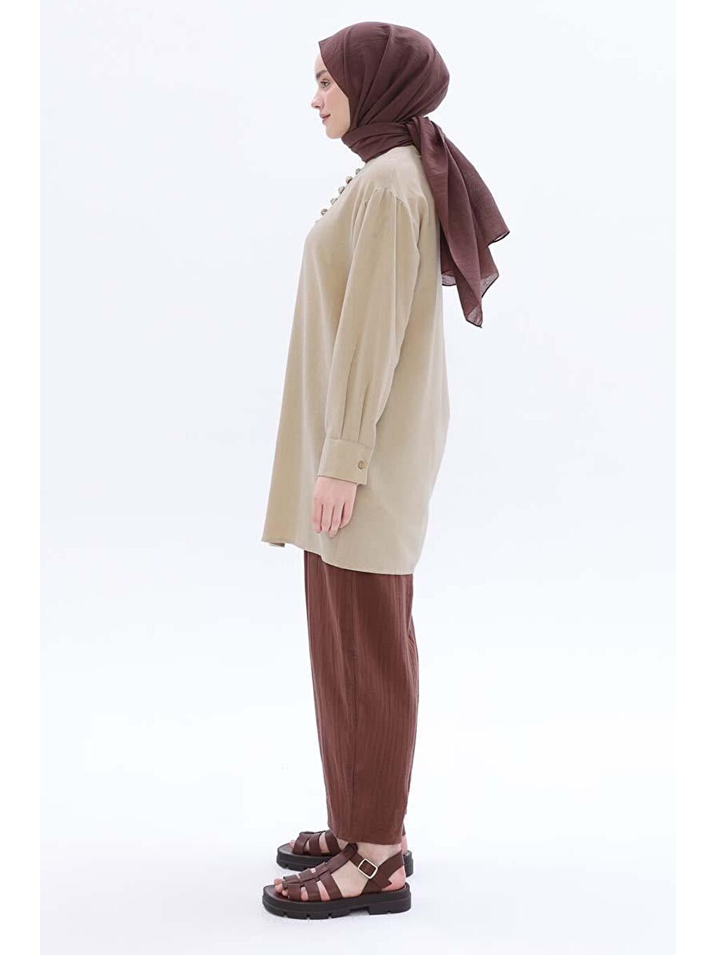 Bej-Hakim Yaka Biritli Keten Tunik-2