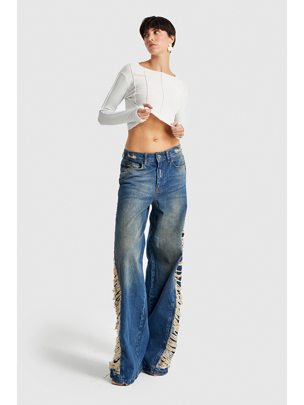 Mavi Kadın Tint Jean Rengi Yandan Lazer Detaylı Palazzo Fit Tasarım Denim-1