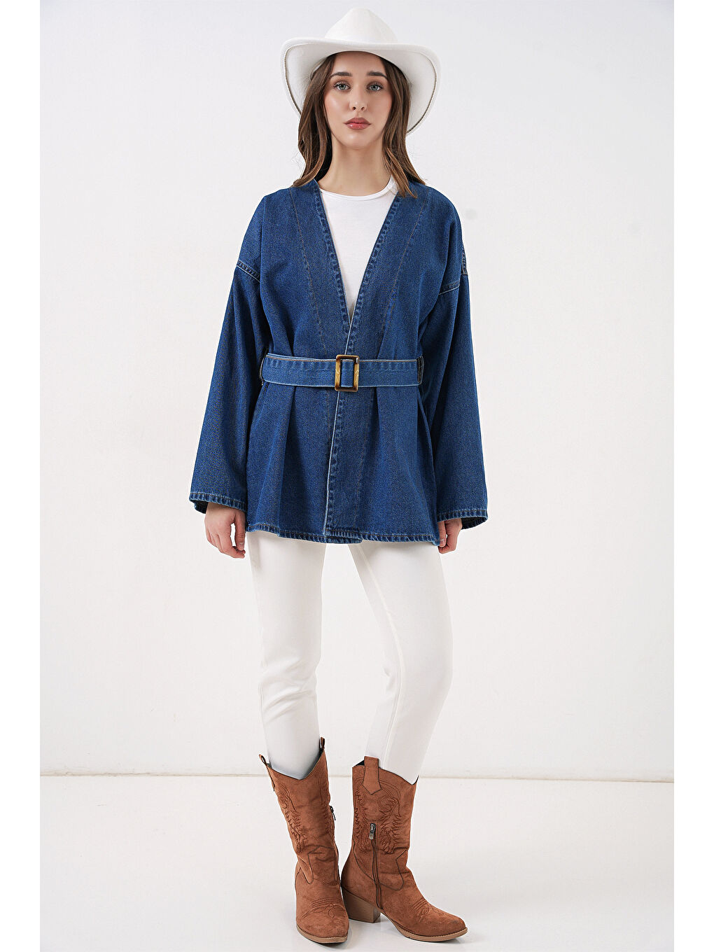 Kadın Kemerli Jean Ceket Tunik 5985 - Mavi-1