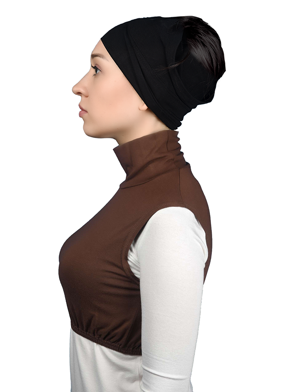 Kahverengi Sıfır Kol Balıkçı Yaka Tam Boğazlı Elastanlı Penye Kadın Yarım Body-2