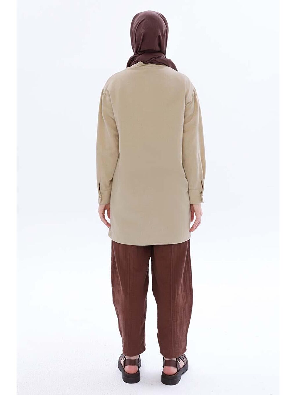 Bej-Hakim Yaka Biritli Keten Tunik-3