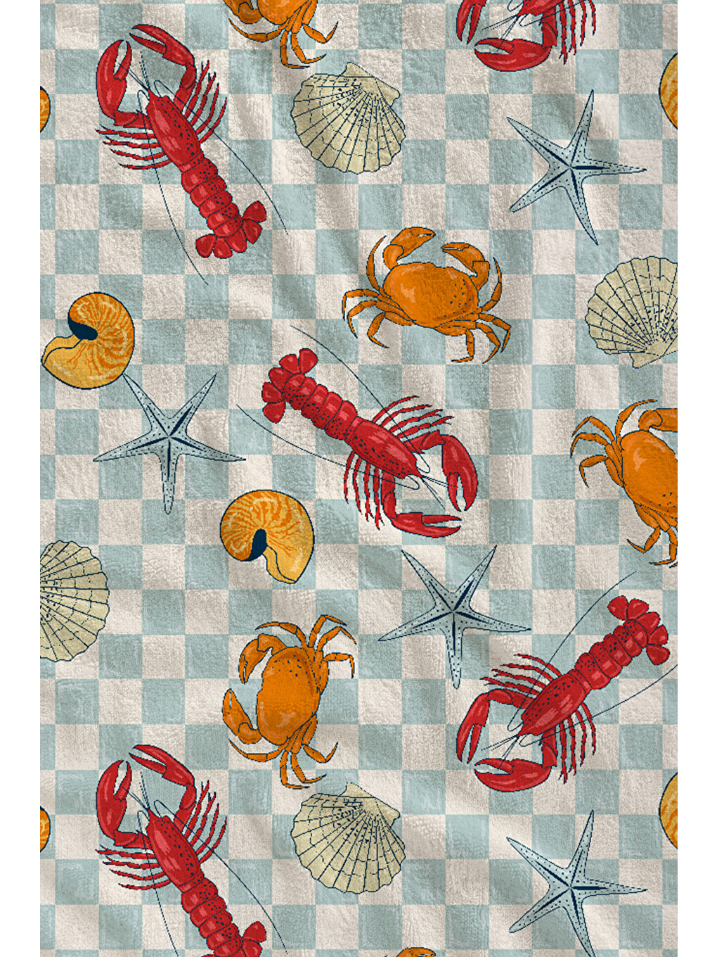Yeşil Mint Dama Deniz Ürünleri Istakoz Yengeç Desenli 70x150 Cm Dijital Baskılı Plaj Ve Banyo Havlusu-1