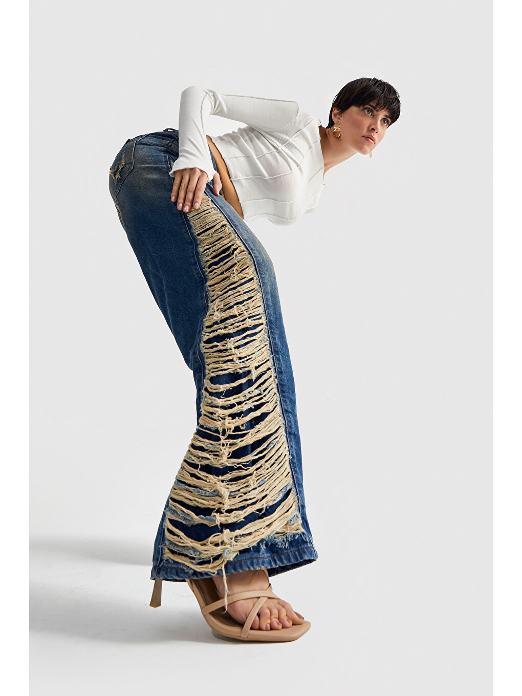 Mavi Kadın Tint Jean Rengi Yandan Lazer Detaylı Palazzo Fit Tasarım Denim-2