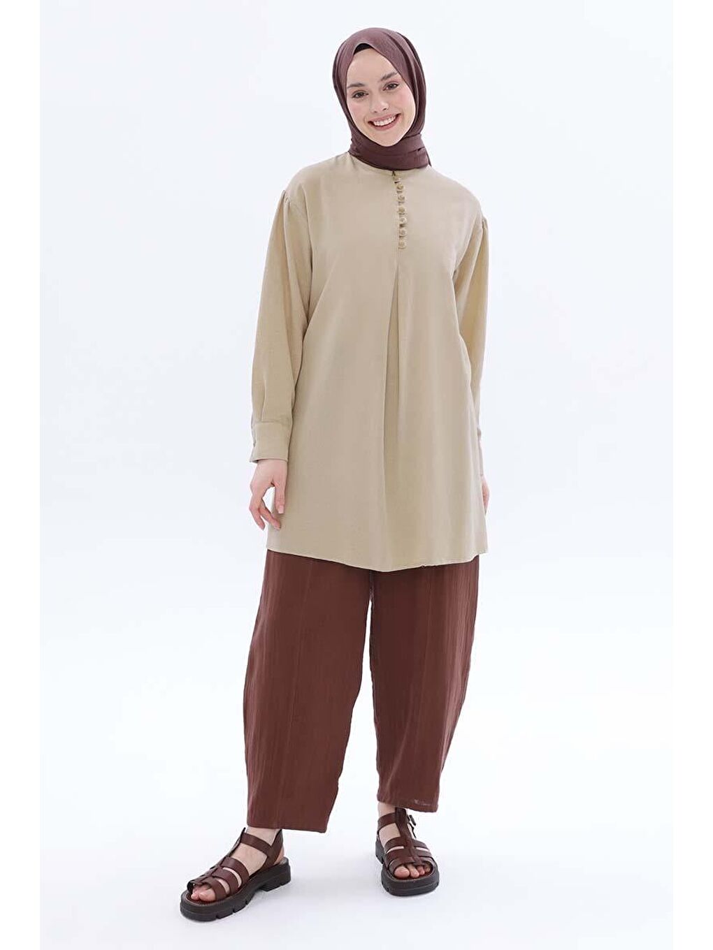 Bej-Hakim Yaka Biritli Keten Tunik-4