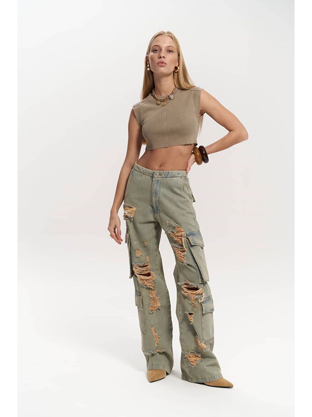 Dries Kirli Gri Yırtık Detay Kargo Jean Pantolon-7