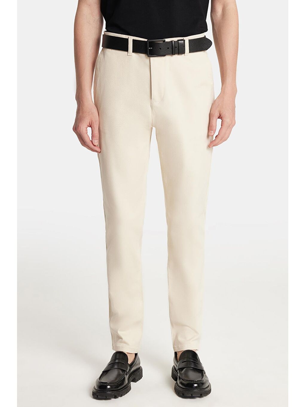 Bej Erkek Slim Fit Chino Esnek Yandan Cepli Önü Fermuarlı Pamuklu Dokulu Taş Pantolon