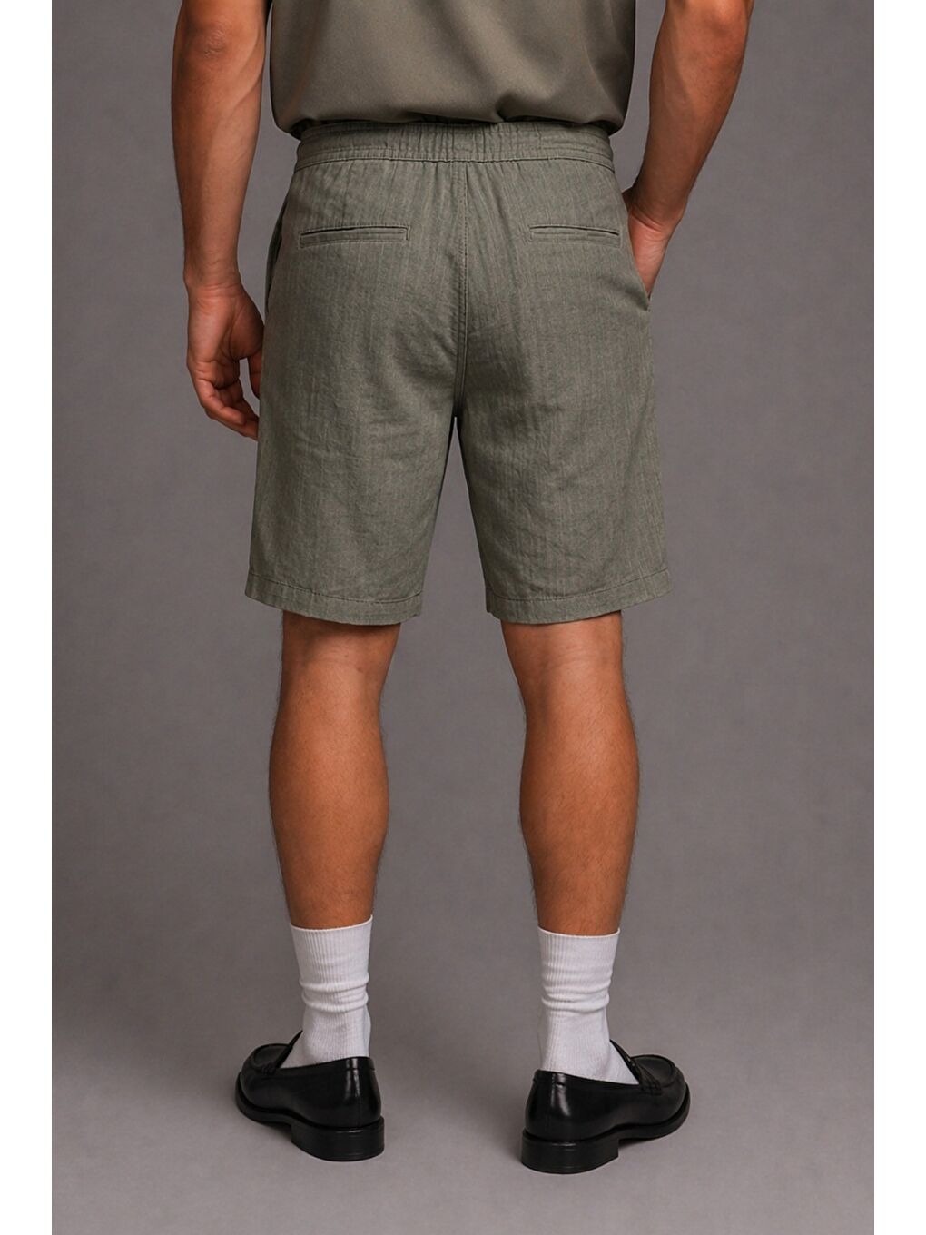 Haki Erkek %100 Pamuk Linen Şort Rahat Kesim Yazlık Şort-2