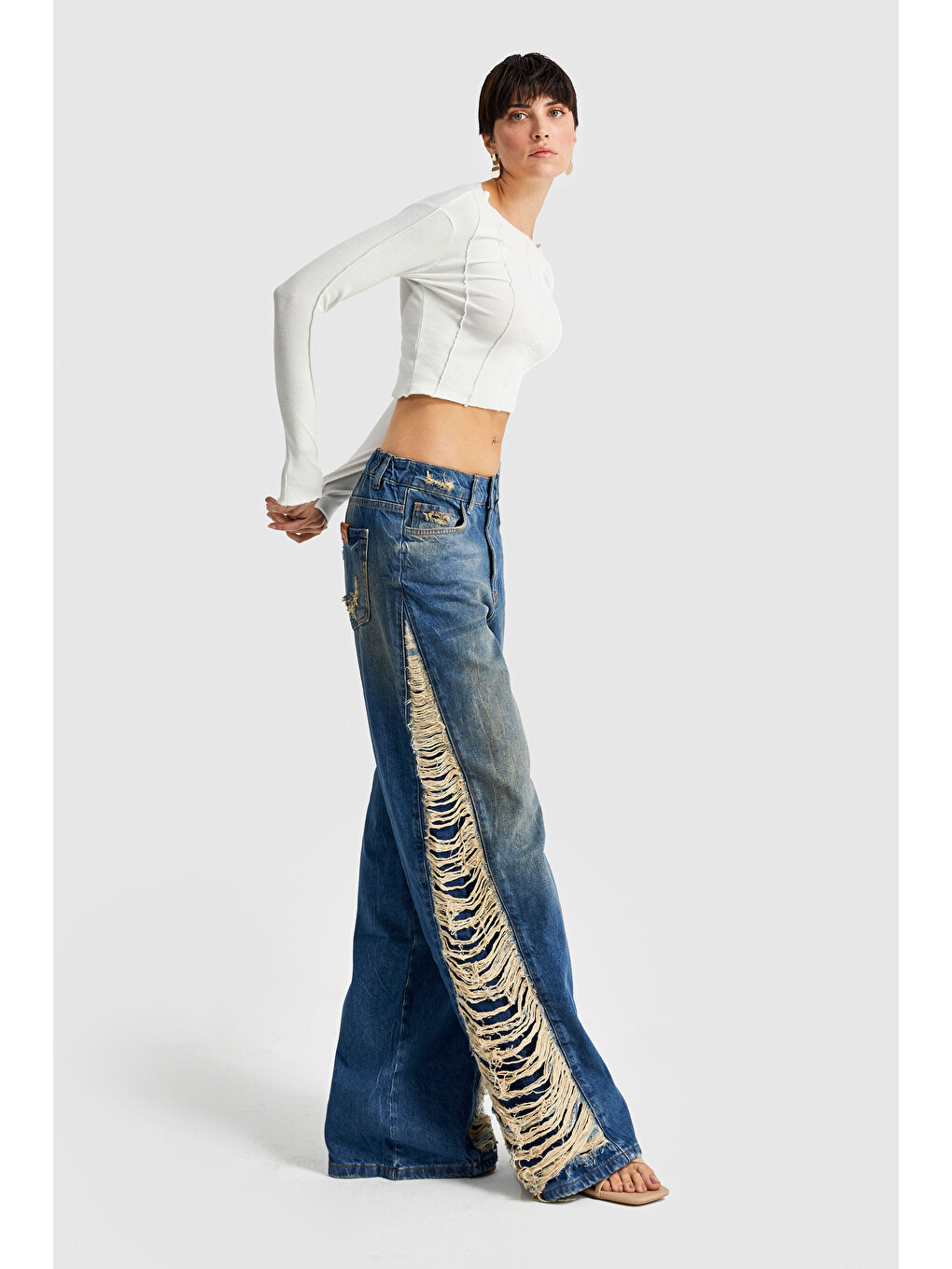 Mavi Kadın Tint Jean Rengi Yandan Lazer Detaylı Palazzo Fit Tasarım Denim-3