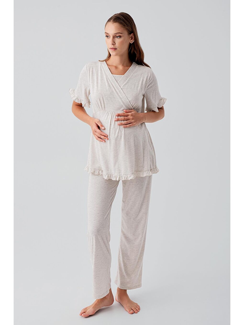 Bej Kısa Kollu Emzirme Bölmeli Ayarlanabilir Bel Pamuklu Hamile Pijama Takım 19218