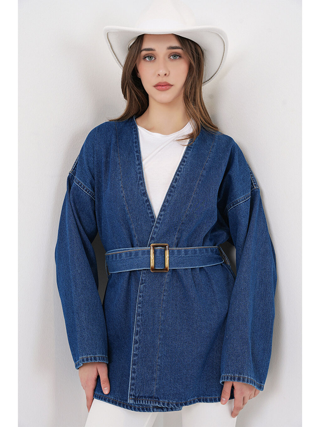 Kadın Kemerli Jean Ceket Tunik 5985 - Mavi-2