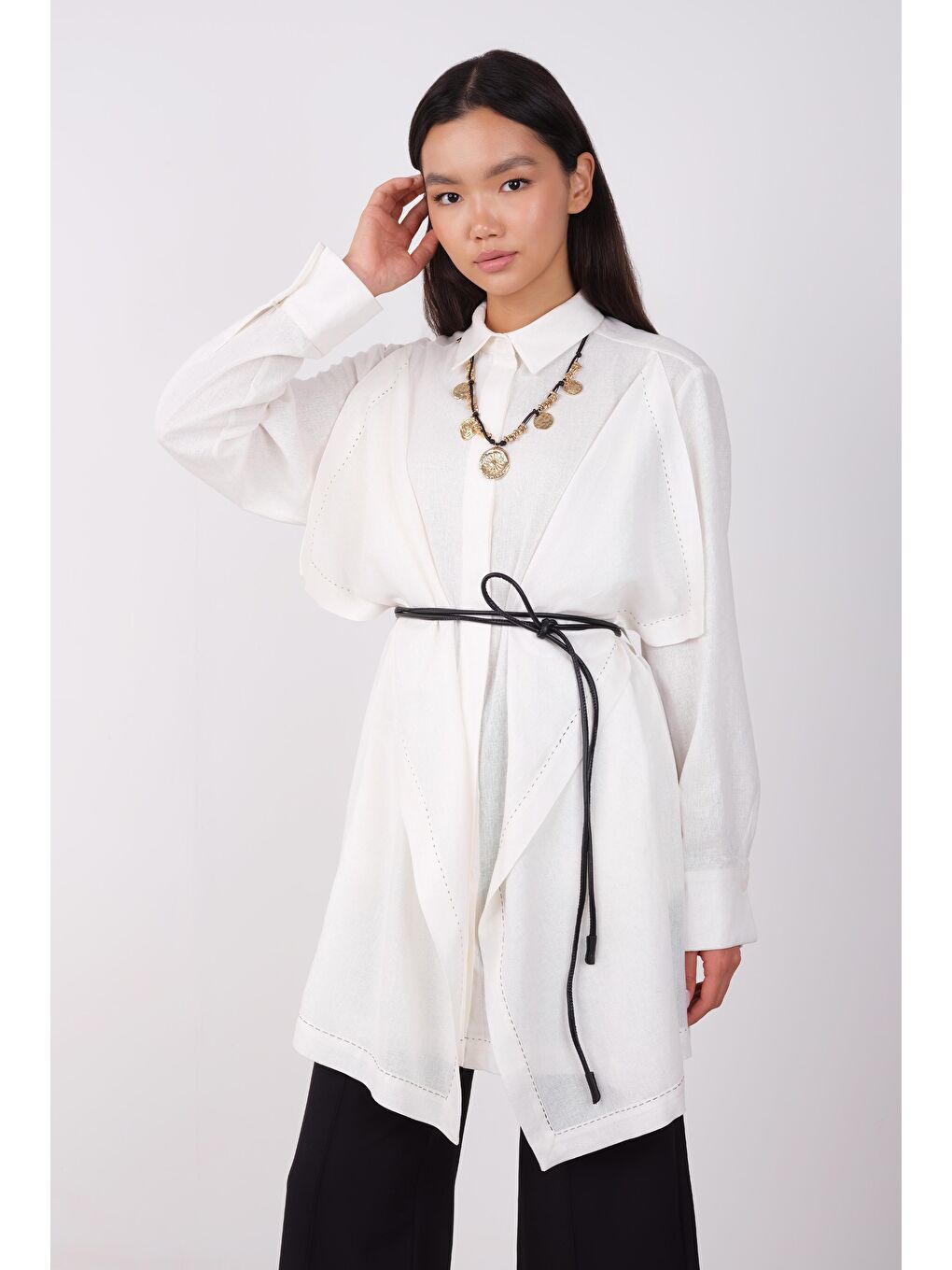 Geniş Parçalı Tasarım Gömlek Ekru