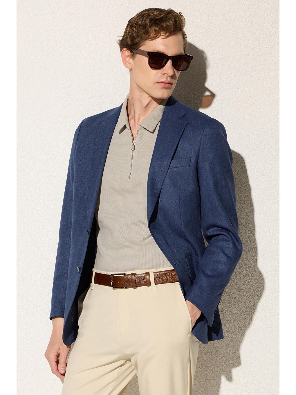 Bej Erkek Slim Fit Chino Esnek Yandan Cepli Önü Fermuarlı Pamuklu Dokulu Taş Pantolon-2