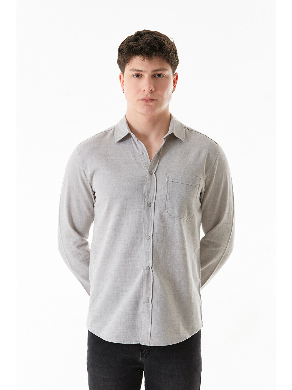 Bej Basic Cepli Çıtçıtlı Büyük Beden Gömlek-4