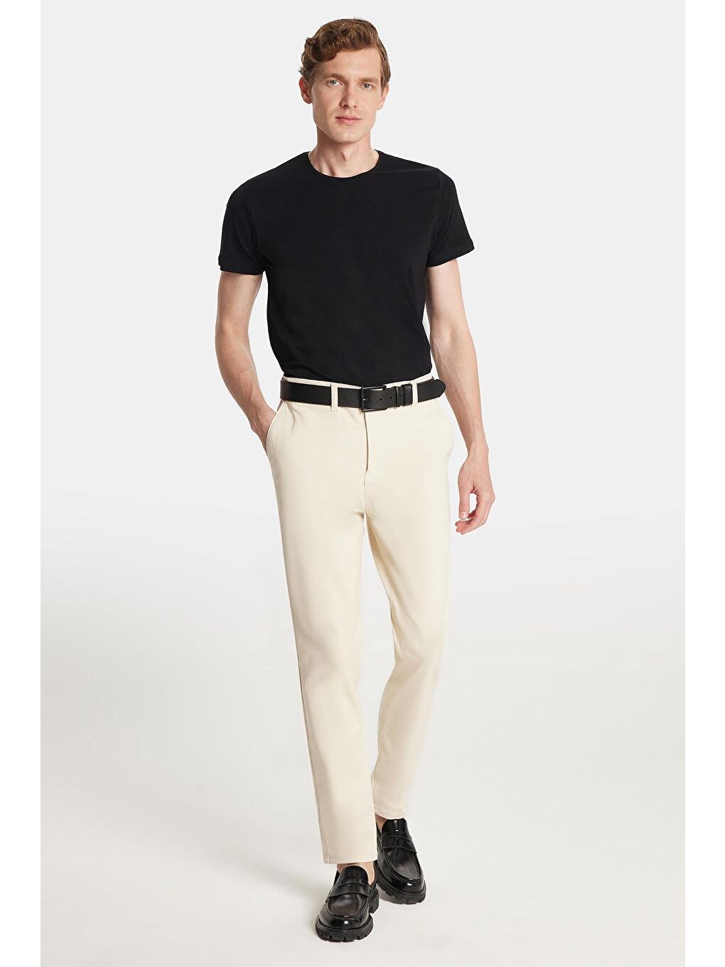 Bej Erkek Slim Fit Chino Esnek Yandan Cepli Önü Fermuarlı Pamuklu Dokulu Taş Pantolon-3