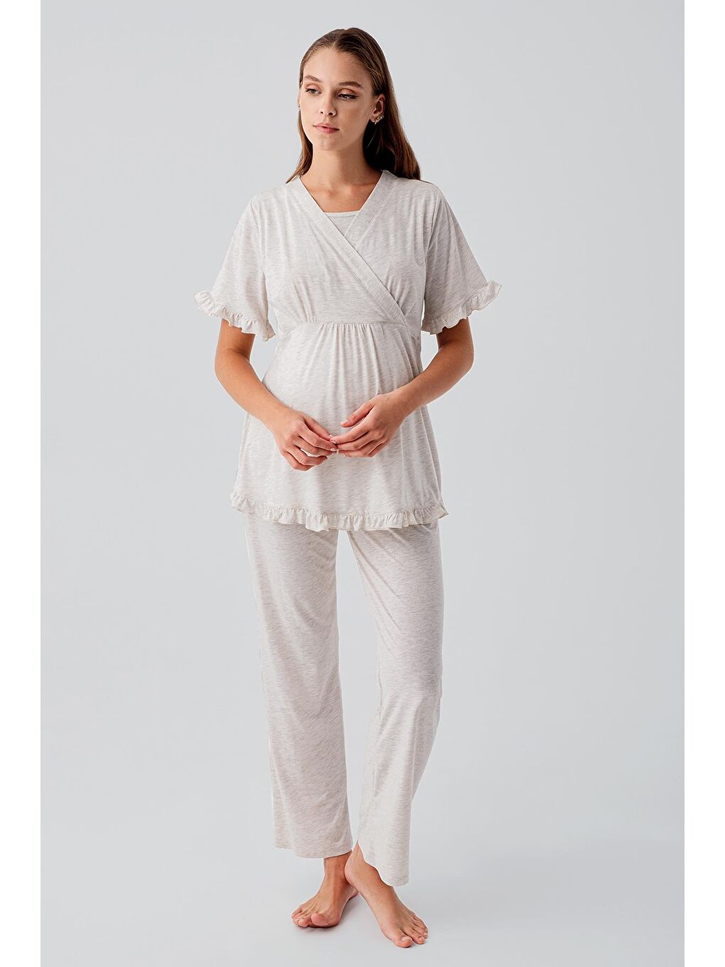 Bej Kısa Kollu Emzirme Bölmeli Ayarlanabilir Bel Pamuklu Hamile Pijama Takım 19218-1