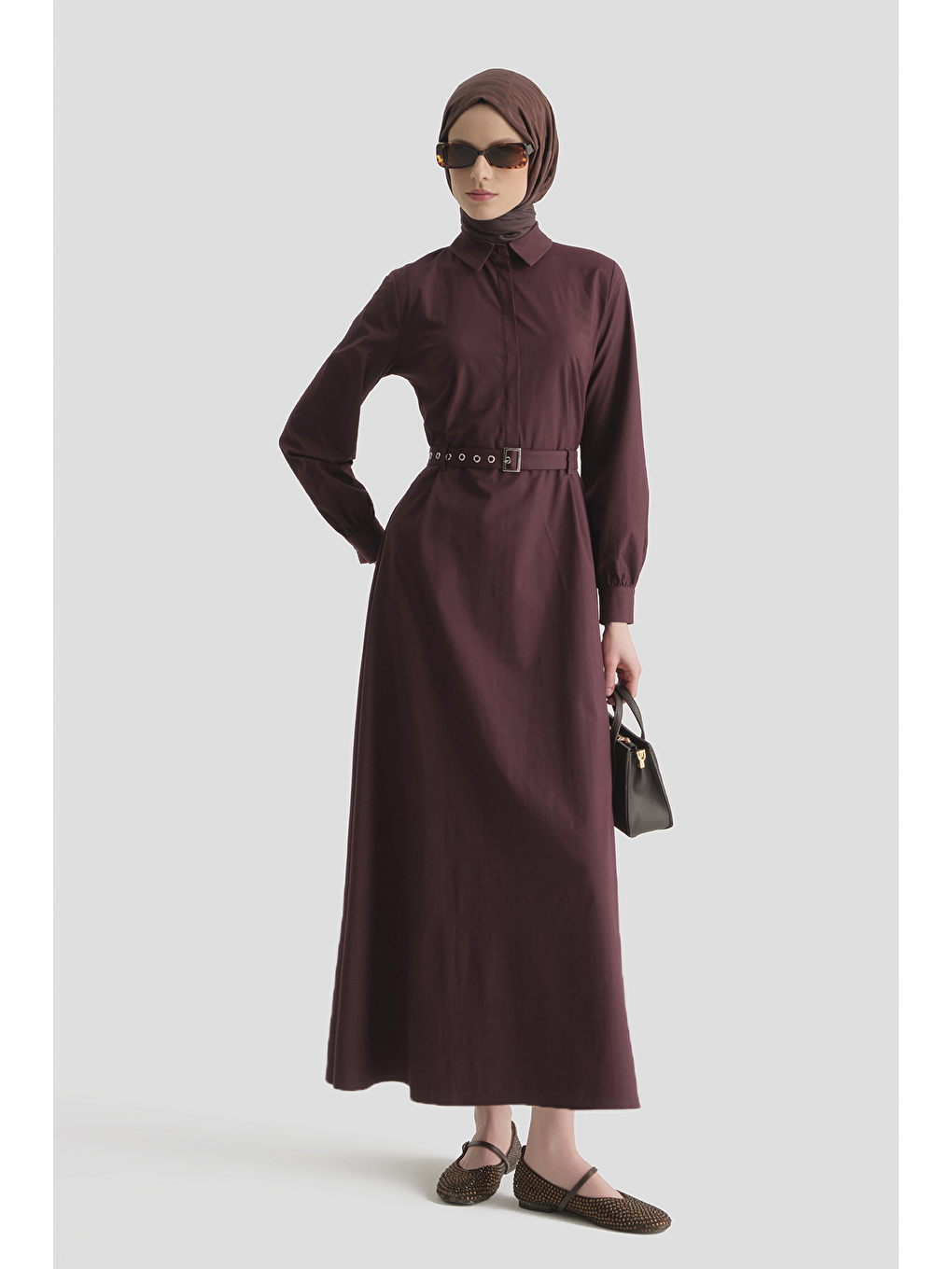 Kemer Detaylı Pamuk Elbise Mürdüm-1