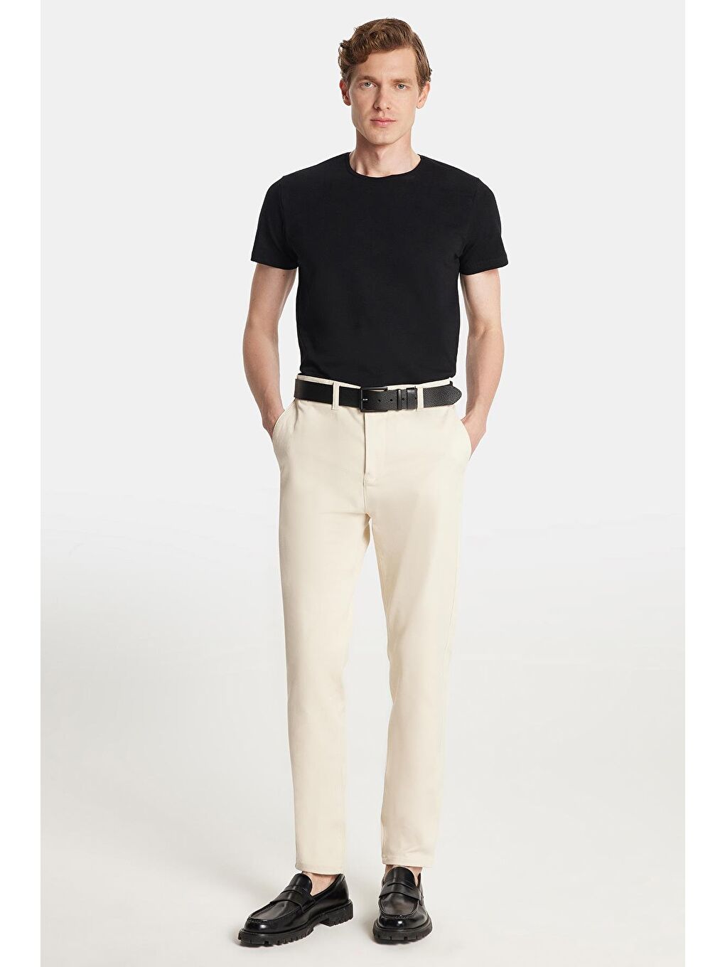 Bej Erkek Slim Fit Chino Esnek Yandan Cepli Önü Fermuarlı Pamuklu Dokulu Taş Pantolon-4