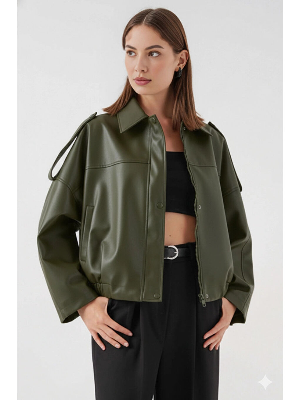 Kadın Haki Oversize Fermuarlı ve Düğmeli Yandan Cepli Suni Deri Ceket HZL25W-BD110551-1
