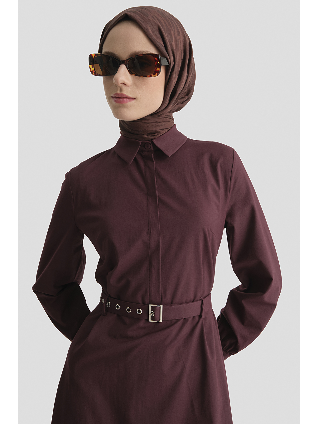 Kemer Detaylı Pamuk Elbise Mürdüm-2