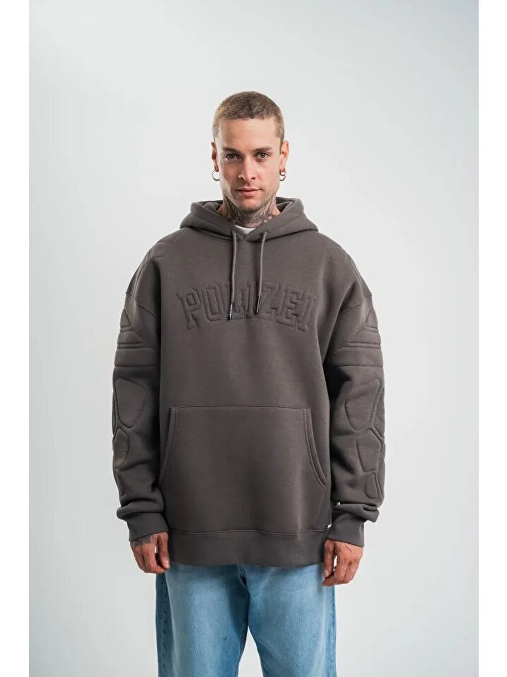 Gri Erkek Nakış İşlemeli Kapüşonlu Antrasit Sweatshirt Üç İplik Double Oversize