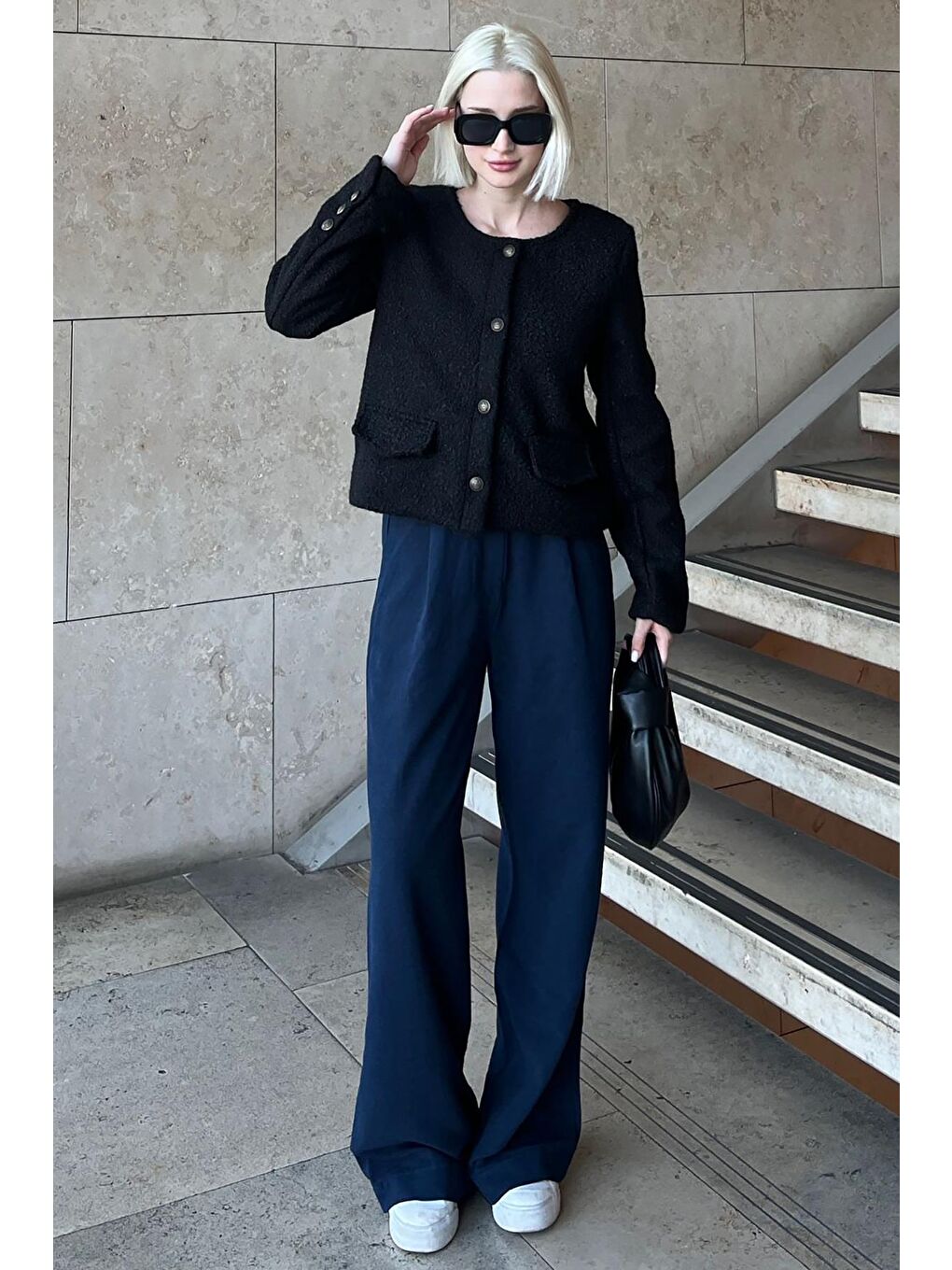 Siyah Düğmeli Buklet Triko Cep Detaylı Ceket Mg2170-2