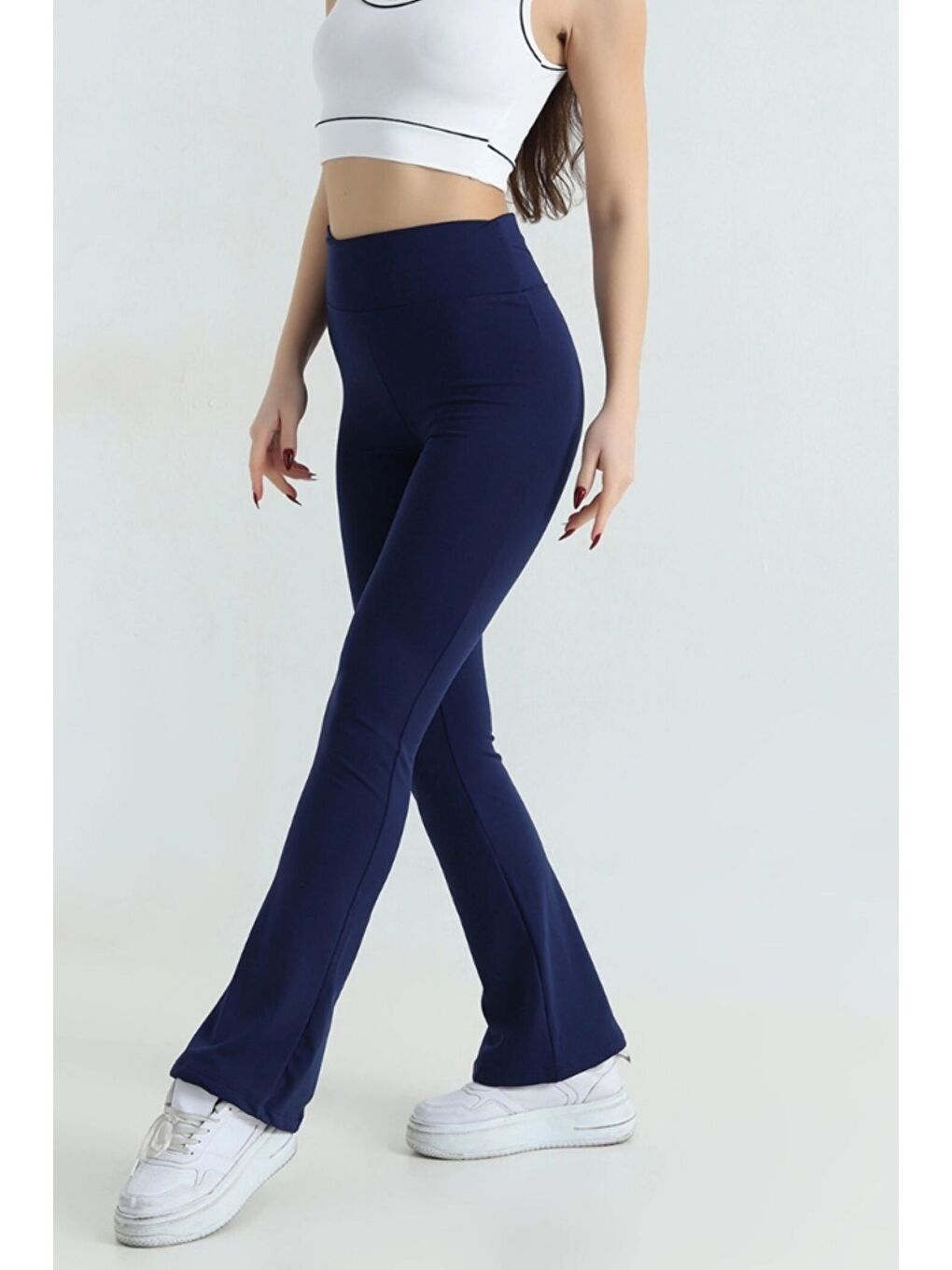 Lacivert Kadın Ekstra Yüksek Bel Toparlayıcı İspanyol Paça Dalgıç Kumaş Esnek Spor Rahat Günlük Tayt-1