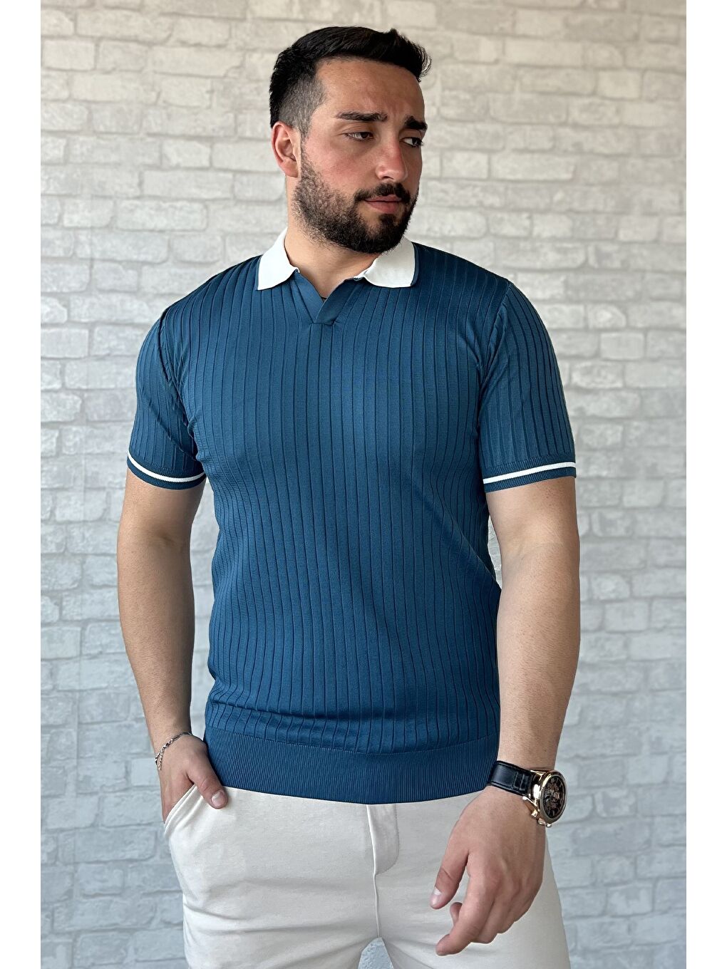 Petrol Erkek Polo Yaka Kendinden Çizgi Desenli Triko Tişört