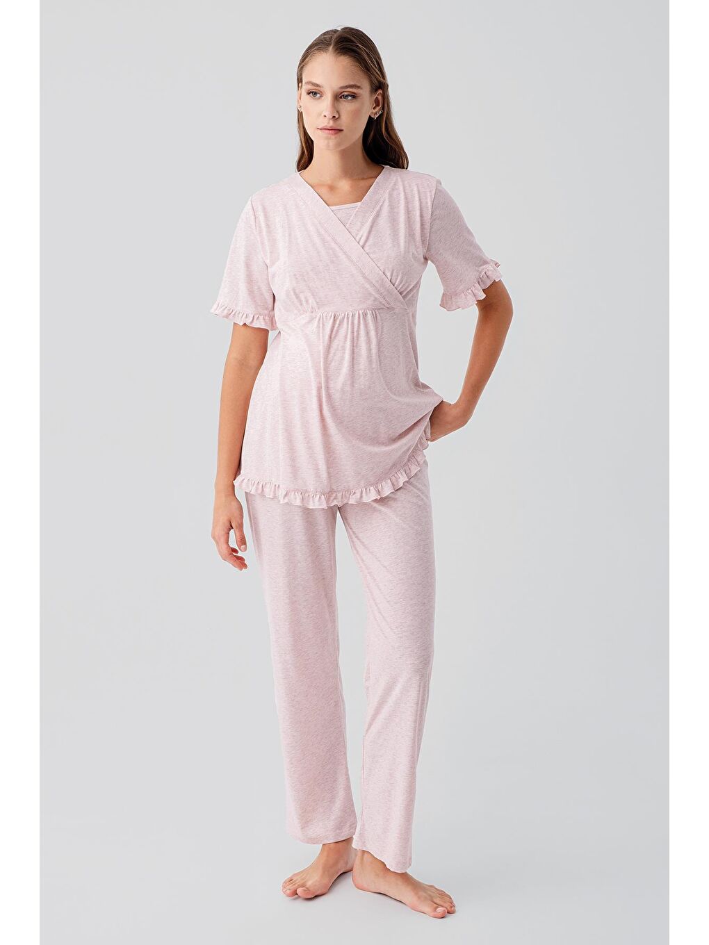 Pembe Kısa Kollu Emzirme Bölmeli Ayarlanabilir Bel Pamuklu Hamile Pijama Takım 19218