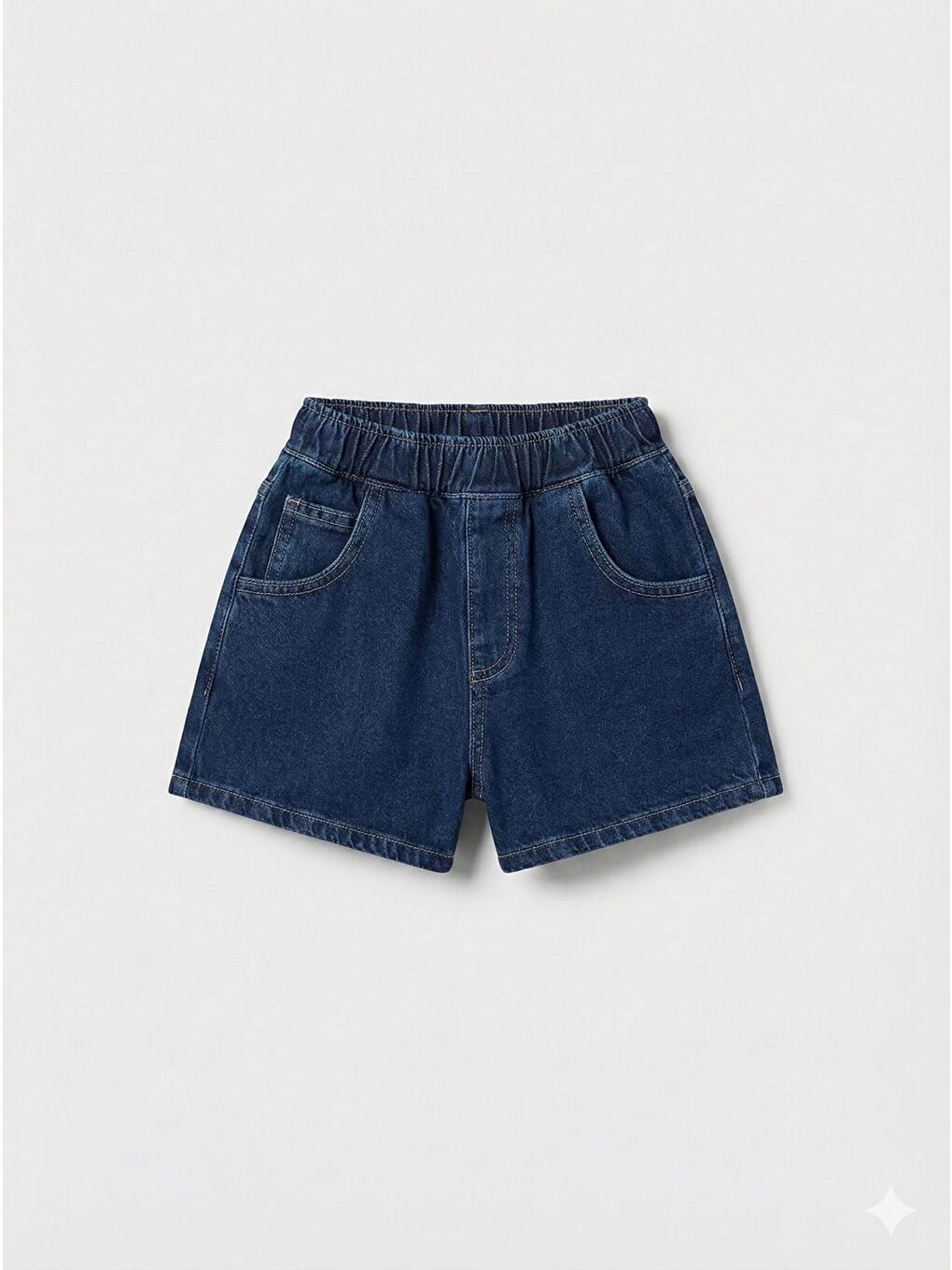 Unisex Çocuk Pamuklu Lacivert Jean Şort - Elastik Belli Cepli