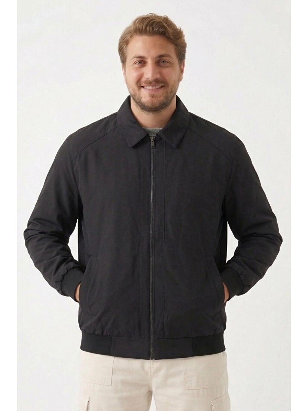 Siyah Erkek Dik Yaka Fermuarlı Basic Bomber Mont Ceket