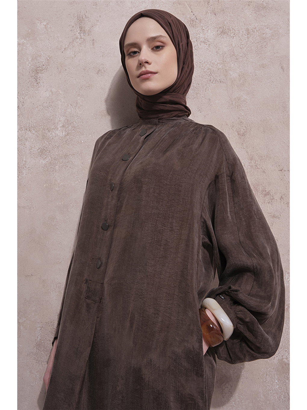 Kahverengi Oversize Kupra Elbise Kakao-5