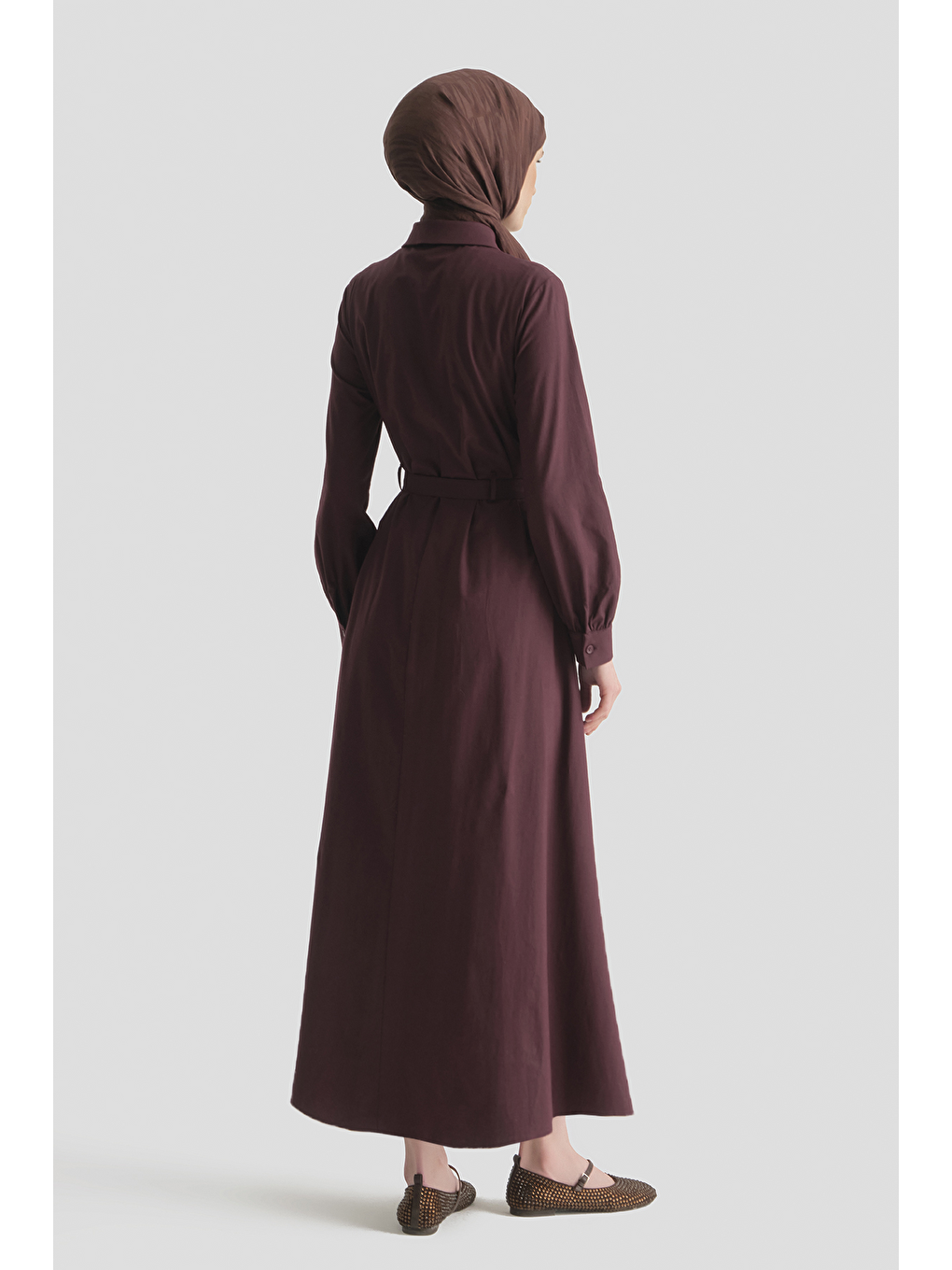 Kemer Detaylı Pamuk Elbise Mürdüm-3