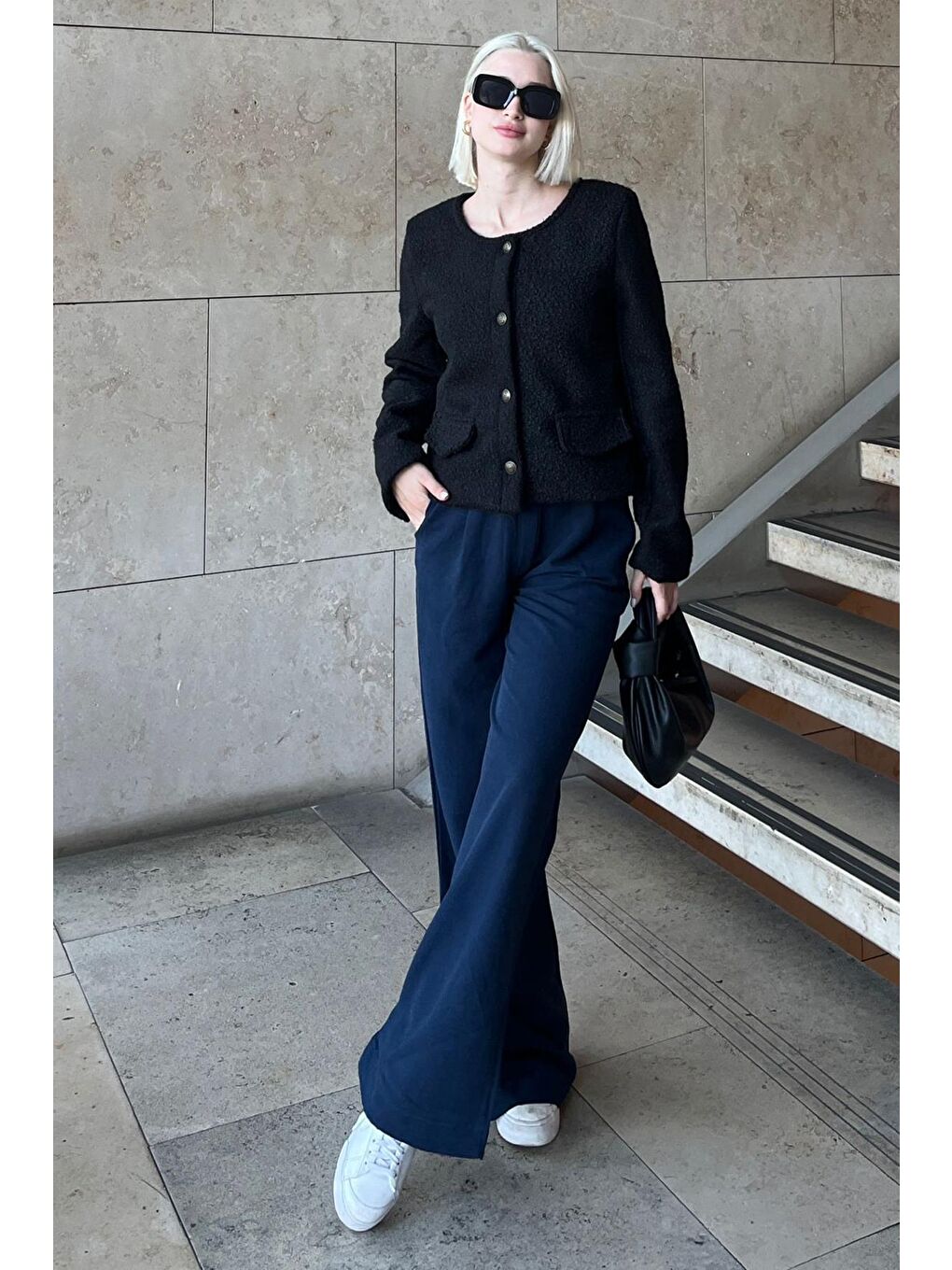 Siyah Düğmeli Buklet Triko Cep Detaylı Ceket Mg2170-3