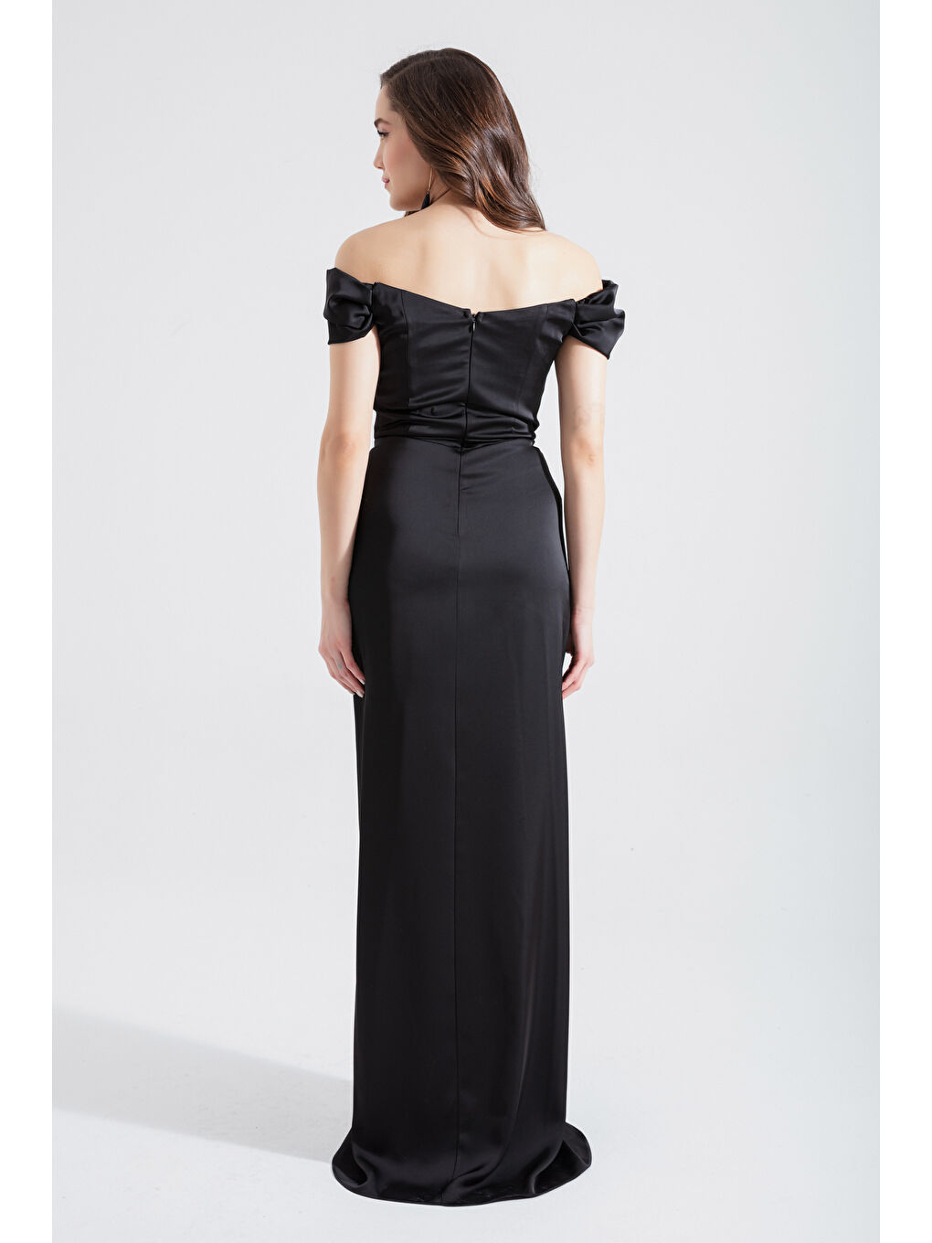 Kadın Siyah Balen Korseli Uzun Saten Abiye Elbise-4